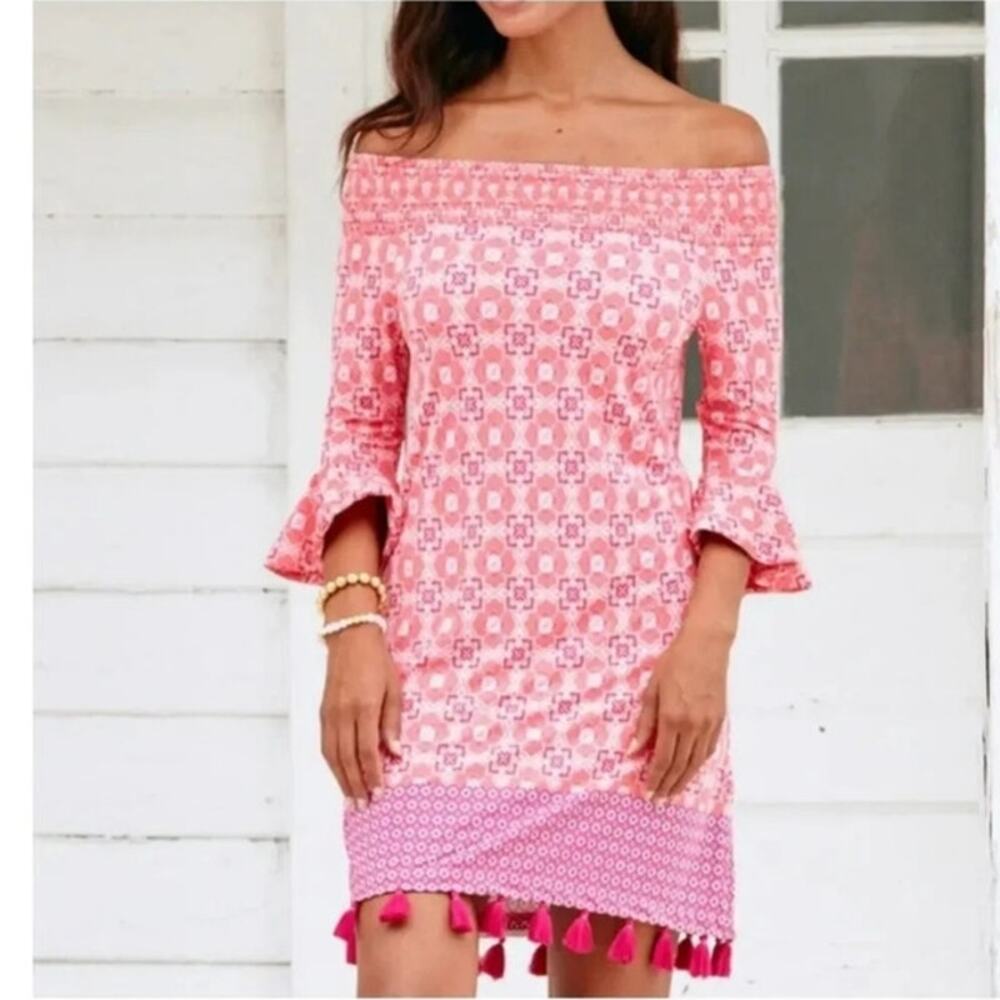 Cabana Life Resort Dress S Off Shoulder Smocked Coral Gables Tassel UPF Vacation